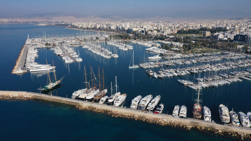 Aerial drone photo of famous marina of Alimos with yachts and sailboats docked, Athens riviera, Attica, Greece